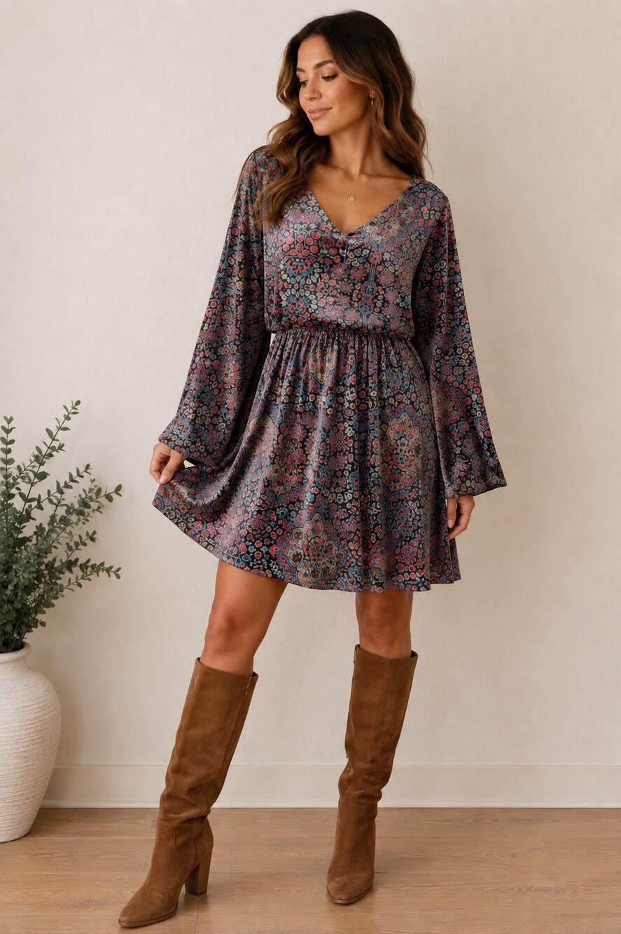 Judith March Velour Paisley Boho Bell Sleeve Mini Dress L